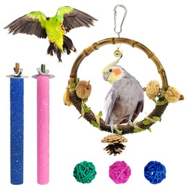 Hamiledyi Bird Swing with Bird Prech, 6PCS Parrot Perch Swing, Small Bird Hanging Cage Accessories Parakeet Swing Chewing Toy for Parrot, Budgies, Conures, Finches