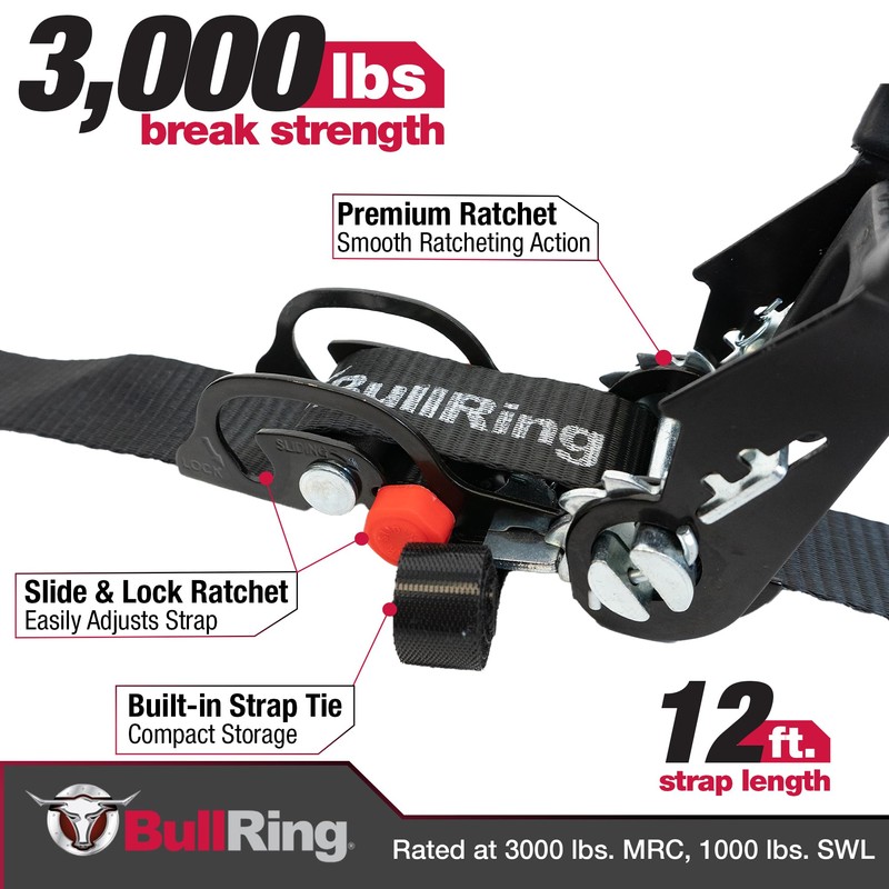 Bull Ring Sliding Ratchet Tie Down Straps – Includes (2)