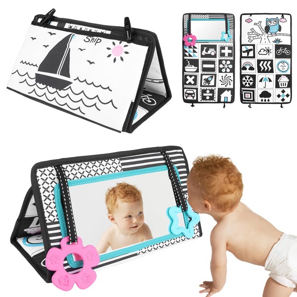 Black and White Sensory Toys, Soft Baby Sensory Toys 0-6 Months, High Contrast Baby Book, Baby Mirror Baby Books, Baby Tummy Time Books, Sensory Books for Newborns Baby Toys