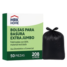 Bolsas para Basura Extra Jumbo MRK HOME 208 L | 50 Piezas Resistentes con Amarraderas | Fabricadas con 80% Material Reciclado | Uso Doméstico y Comercial