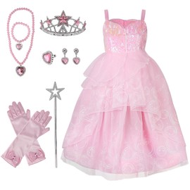 8pcs Girls Pink Witch Costume Set, Necklace Ring Earrings Bracelet for Kids Halloween Party Dress-Up Night (8-11 Years)
