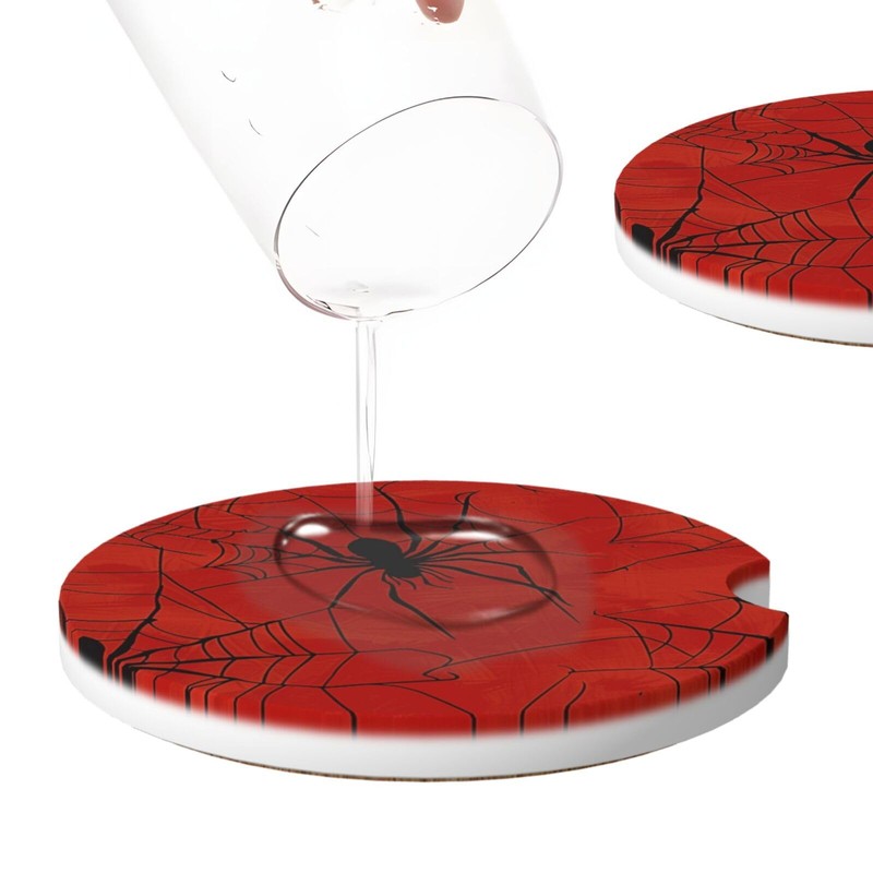 Neukim 2pcs Car Coaster Hallowen Spider Webs On Red Absorbent