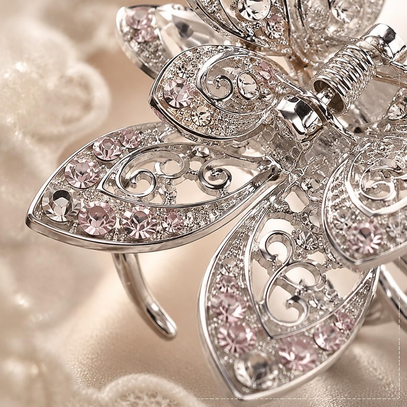 3 PCS Vintage Rhinestone Hair Clips Gray Metal Flower Claw
