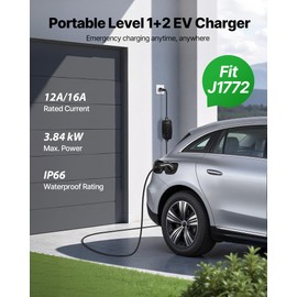 VEVOR Level 1 & Level 2 EV Charger, 16 Amp Portable Electric Vehicle Charger with 25 ft Cable, NEMA 6-20P Plug & 5-15 Adapter, J1772 Home Charging Station, LCD Display, IP66 Weatherproof