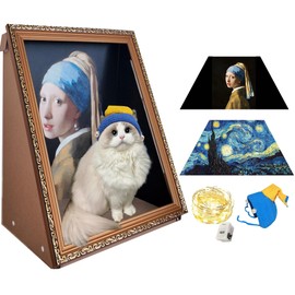Oil Painting Frame Cat House with Scratcher - 2 Interchangeable Oil Painting Backgrounds - Starry Night & Girl with a Pearl Earring - LED fairy light Lights & Pet Hat - 3D Art Picture Frame Cardboard House Bed Cave Indoor, Easy-to-Assemble