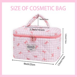 Yucenora Large Travel Quilted Makeup Bag, Cute Bow Cotton cosmetic bag, Travel Toiletry Make Up Organizer Bags for Women and Girls (Pink Bow)