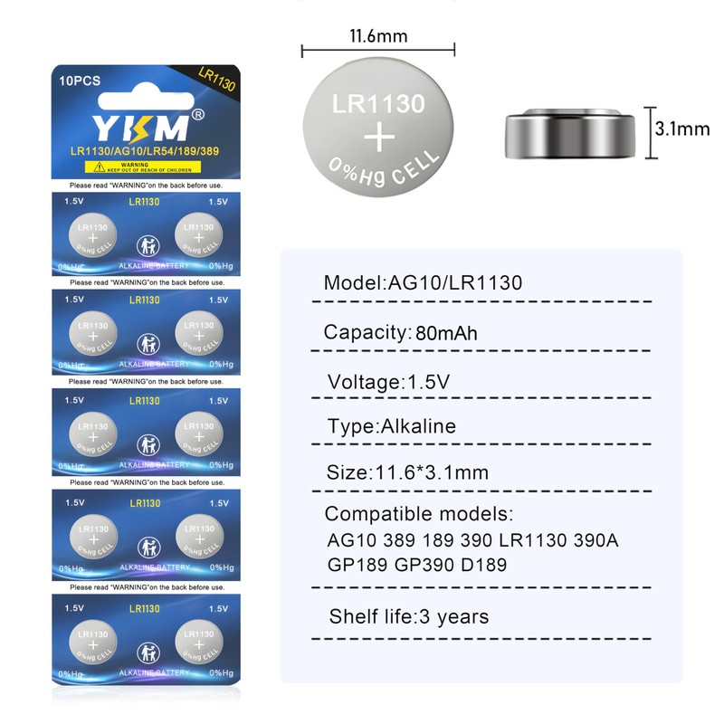 YKM AG10 LR1130 Battery L1131f L1131 L1131c 389 390 LR54