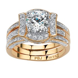 PalmBeach Yellow Gold-Plated or Platinum-Plated Silver Round Cubic Zirconia Vintage Style Jacket Bridal Ring Set Size 7