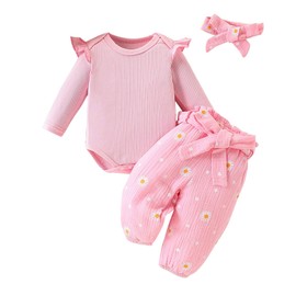 Zupora 3Pcs Baby Girl Gift Newborn Outfit Ruffle Bodysuit Romper Top+Floral Pant+Headband Infant Clothes 0-18 Months
