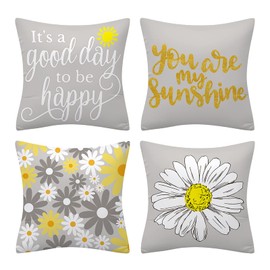 Fullfun Floral yellow and grey cushion covers for sofa, Double sided letter-printed throw pillow covers, Pack of 4 square daisy pillowcase for living room & bedroom 45 cm x 45 cm(18 x 18 inch)