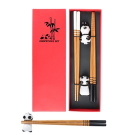 Fonyet 2 Pairs Bamboo Sushi Chopsticks Set with Panda Ceramic Dishwasher Safe Holders, Black and White, 24 cm