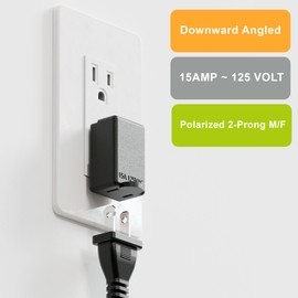 Right Angle Adapter, Plugrand 2-Prong 90 Degree Downward Angled AC Adapter, Polarized 2-Prong L Type Adapters, Vertical Right Angled Power Adapters, PA-0502B Black