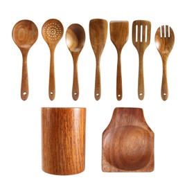 FutureHight 9 Pieces Wooden Spoons for Cooking, Wooden Utensils for Cooking with Utensil Holder, Kitchen Utensil Set Made of Teak Wood