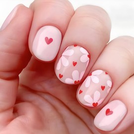 Short Square Press on Nails Valentines Fake Nails Pink Acrylic Glossy Glue on Nails with Red Love Flower Pattern Design False Nails Artificial Full Cover Stick on Nails for Women & Girls 24 Pcs