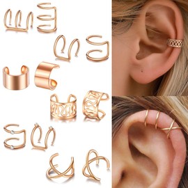Xunuo 6 Pairs Rose Gold Tone Stainless Steel Ear Cuff Wraparound Earrings for Men Women， Non Piercing Helix Cartilage Ear Clip Set