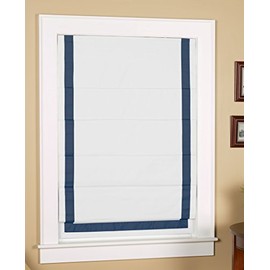 Green Mountain Vista Thermal Blackout Cordless Roman Shade with Ribbon Border (36" Wide x 63 Long, White with Navy Blue Ribbon Border)