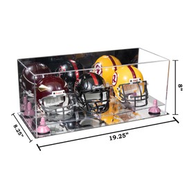 Better Display Cases Acrylic Three Mini - Miniature Football Helmets (not Full Size) Display Case with Mirror Case, Pink Risers and Mirror Base 19.25" x 8.25" x 8" (V47/A103)