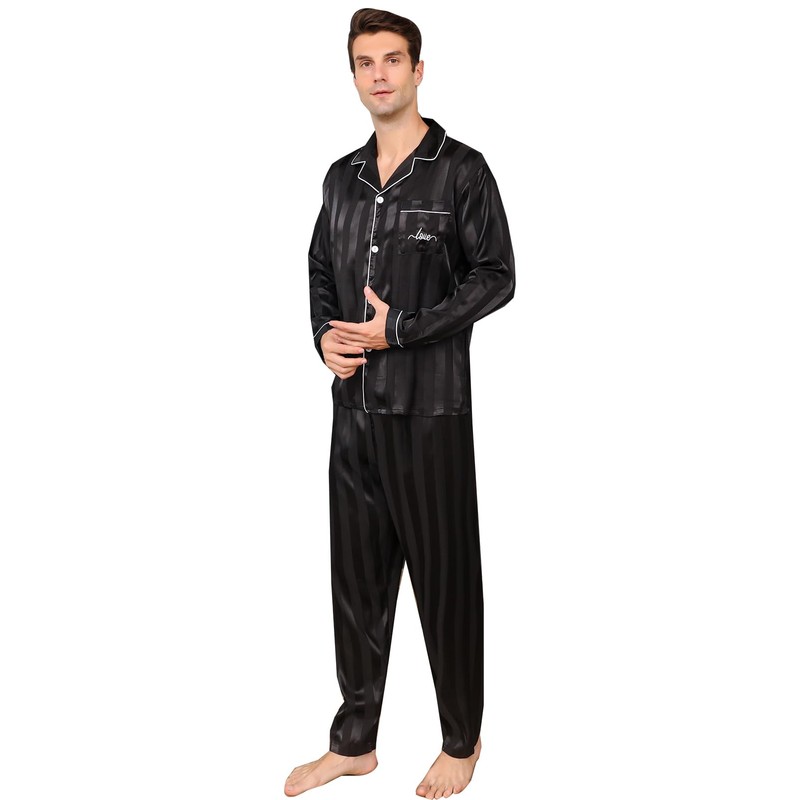 RuanMM Mens Satin Long Sleeve Silky Pajamas Premium Button Down
