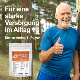 Amino 11 Pulver 500g Packung, enthält acht essentielle Aminosäuren sowie die zwei semi-essentiellen Aminosäuren Histidin und Arginin und Taurin, alles in pflanzlicher, reiner und kristalliner Form.