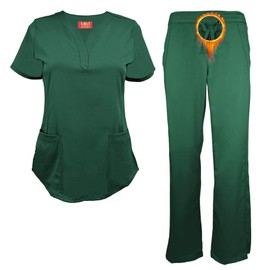 M&M SCRUBS Women's Ultra Soft Drop-Neck 2 Pocket Scrub Set (Hunter Green, Medium)