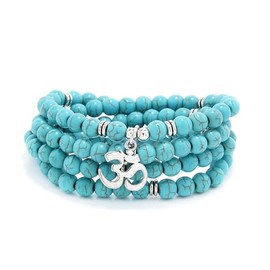 108 Mantra Mala Beads Bracelet Japa Mala Necklace with Om Symbol Charm (Green Turquoise)