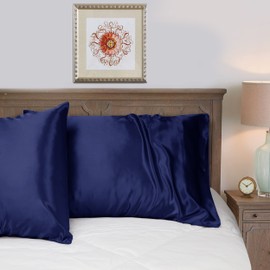 Yorkshire Bedding Satin Pillow Cases 2 Pack – Luxurious Navy Pillowcases For Hair and Skin Standard Size with Envelope Closure Hypoallergenic 50 x 75 cm