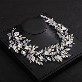 Deniferymakeup Rhinestone Bridal Hair Vine Crystal Wedding Headband Rhinestone Bride Headpiece Leaf Hair Accessories for Women and Girls (Silver)
