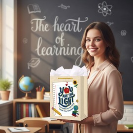 D4DREAM Teacher Appreciation Gift Bags - 11.5'' Medium You Are the Light Teacher Gift Bag with Handles and Tissue Paper for End of Year Graduation Retirement Party Supplies