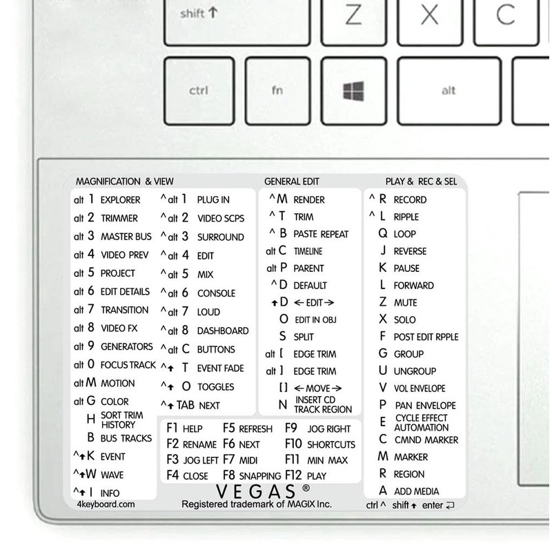 Vegas Reference Keyboard Hotkeys Sticky Labels for Windows Black, White