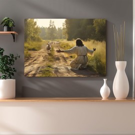 Fchen art Lovely Painting,Lamb Running Toward To Jesus Wall Art Decor,Jesus The Lamb Wall Art Canvas Wrap,Jesus Landscape Canvas Running Horses In the Forest,Church Living Room Framed Canvas Print Ready To Hang 16"x24"