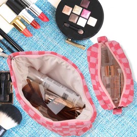 3 pcs Makeup Bags Checkered Cosmetic Travel Bag Toiletry Organizer Bag Aesthetic Portable Accessories Pouch Cute Chessboard Makeup Brushes Storage Bag for Women - Color: brown