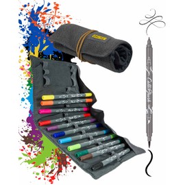 Online 19048 11 Calli.Brush Double Tip Pens with Calligraphy Tip 2 mm and Flexible Brush Tip, Intense Colours, in Roll Pouch