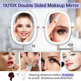 FUNTOUCH Rechargeable Wall Mounted Lighted Makeup Mirror, Oval Double-Sided Mirror 1X/10X Magnifying Mirror,3 Color Lights Touch Screen Dimmable 360°Swivel 13 Inch Extendable,Nickel