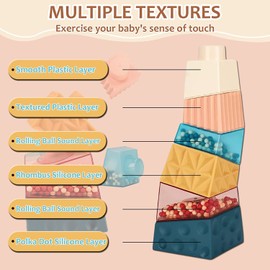 Cube Baby Stacking Toys Stacking Blocks Montessori Toys with Rattle Multi Color Stacking Rings Sensory Toys for Toddlers, 6PCS Stacking Tower Learning Education Boys and Girls