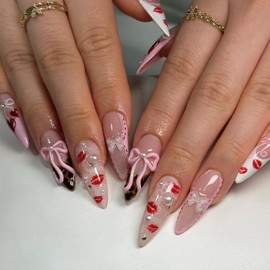 Press on Nails Almond Pink 3D Bow Pearl Designs Medium Fake Nails with Lip Print Lace Pattern Romantic Style Glossy Reusable Full cover Stick on False Nail Set for Women 24 Pcs