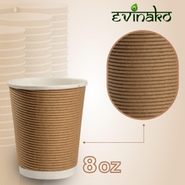 EVINAKO Rippled Disposable Coffee Cups [120 Pack, 8 oz] – Leak-Proof, Triple-Layer, Insulated & Eco-Friendly Paper Cups with Grip – Hot & Cold Beverage To-Go Cups for Office, Events & Everyday Use