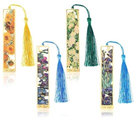 HASTHIP® Set 4 Marcapáginas Metálicos Decorativos con Flores y Borlas, Separadores de Libros Vintage Elegantes para Lectura, Oficina, Escuela, Regalo 