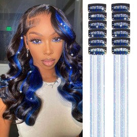 Nineibei 12Pcs Hair Tinsel Clip in 24Inch Glitter Tinsel Hair Extensions Kit Clip in Hair Tinsel Heat Resistant Sparkly Fairy Hair Accessories for Girls Women Kids (Sapphire Blue)
