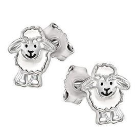 CLEVER SCHMUCK Silver Women's Children's Stud Earrings 9 mm Sheep Funny Laughing Face White and Black Lacquered Shiny Sterling Silver 925 in Jewellery Case, Glossy, No Gemstone