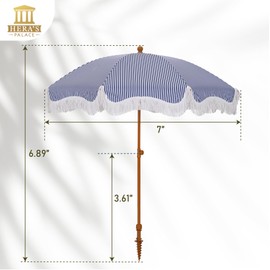 HERA'S PALACE 7 ft Heavy Duty Beach Umbrella with Sand Anchor, Fringe Umbrella for Sand, UV 50+, Patio Umbrella with Tilt Pole for Garden Pool Backyard