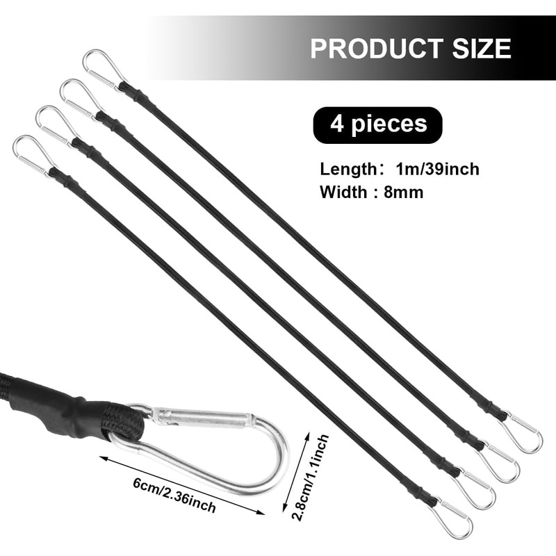 WANGBINGFF 4Pcs Black Bungee Cord with Carabiner, 1m Long, 8mm