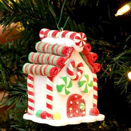 The Christmas Shoppe Glitter Candy Cane Gingerbread House 3.5" Christmas Ornament Ribbon Candy NWT