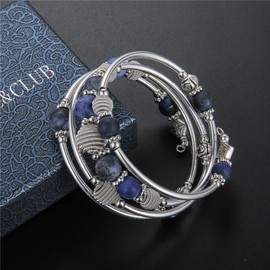 Silver Wrap Bracelet with Natural Stone Beads Boho Multilayer Women's Bracelets Birthday Fashion Gift for Women, Silver Copper Metal,