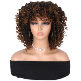 Hanne Fashion Curly Afro Wig with Bangs Short Kinky Curly Wig for Women Synthetic Ombre Brown Curly Wigs Shoulder Length Glueless Afro Wig (1B/30#)