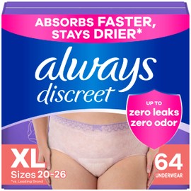 Always Discreet Adult Incontinence Underwear for Women and Postpartum Underwear, XL, Up to 100% Bladder Leak Protection, 64 Count (Packaging May Vary)
