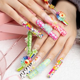 LOVFUL Handmade Press on Nails with Lovkashi Flower Design | Colorful Acrylic Stick On Nails | Reusable Full Cover Nails| 2.16in Long Square | H65 (S)