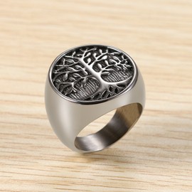 Flongo Men's Religious Stainless Steel Vintage Life Tree Band Ring, Size 8, Christmas Wedding Band, Anniversary Tree of Life Valentine Gift Turkish Jewelry Men Ring