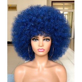 HIHOO Afro Wig Short with Bangs for Black Women Afro Wig Curly 70S Premium Synthetic Afro Wig Large (Blue)