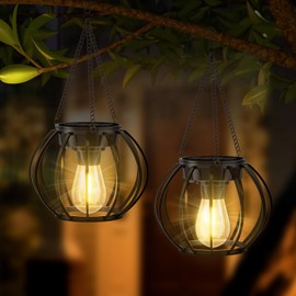 Solar Lanterns for Outside Garden, Outdoor Hanging & Table Lights, IP65 Waterproof Metal Pumpkin Lantern Light with Hook, Auto On Off Hanging Solar Lamp for Outdoor Garden Patio Courtyard, 2 Pack