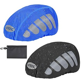 BTR Helmet Cover, 2 Pack Waterproof Helmet Rain Cover, High Visibility Bike Helmet Cover with Reflective Strip, Dustproof Cycling Helmet Cover for Travel and Driving - One Size Fits All (Black & Blue)